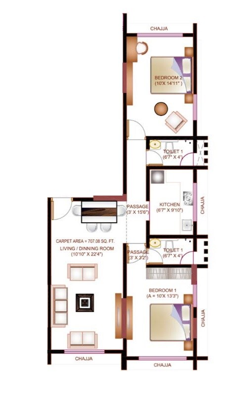 Floor plan of 2 BHK 707 Sq. Ft. Apartment in Buildarch Olive, Mumbai