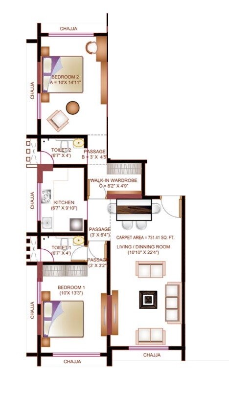 Floor plan of 2 BHK 731 Sq. Ft. Apartment in Buildarch Olive, Mumbai