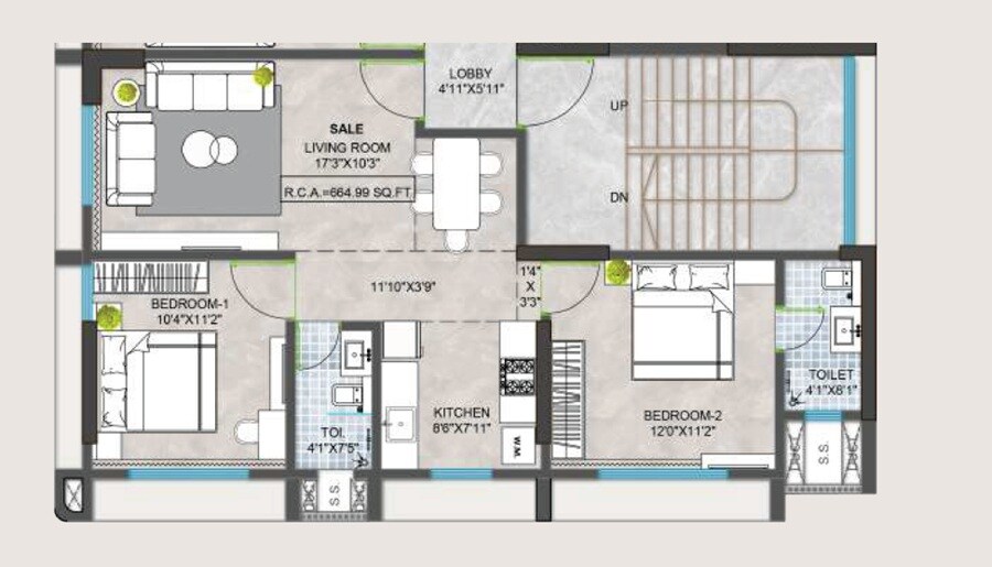 2 BHK 665 Sq. Ft. Apartment