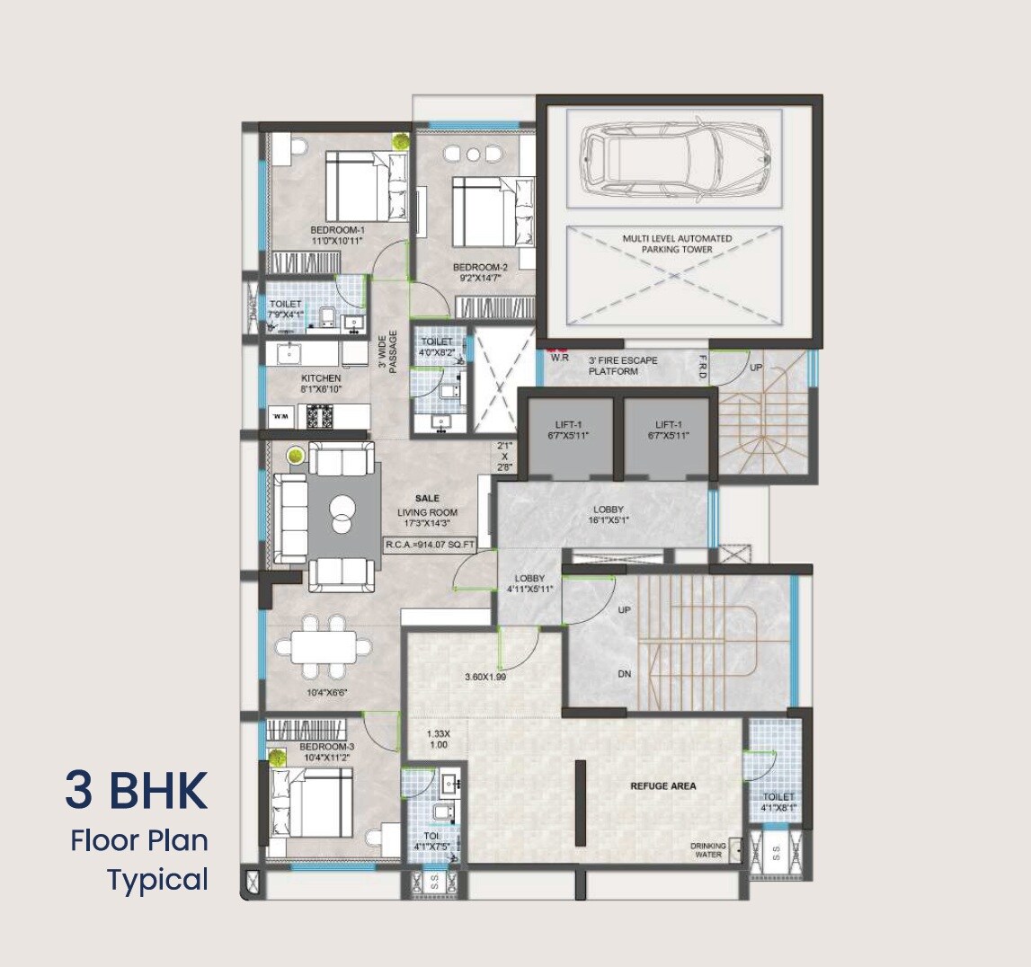 3 BHK 914 Sq. Ft. Apartment