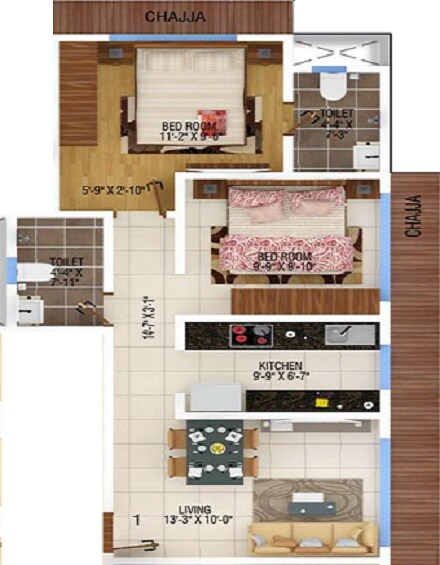 Floor plan of 2 BHK 482 Sq. Ft. Apartment in Buildtech Bhavya Heights, Mumbai