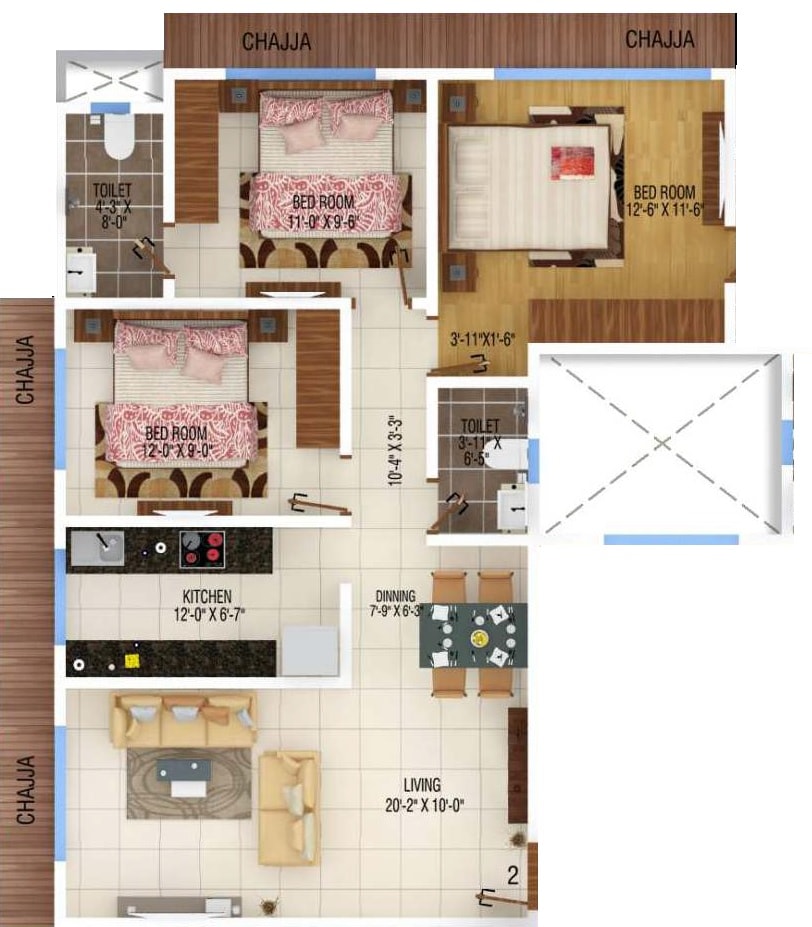 3 BHK 729 Sq. Ft. Apartment