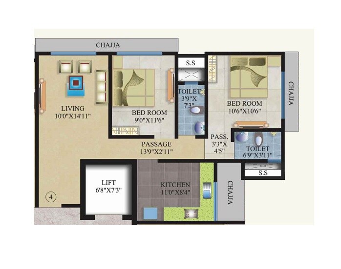 Floor plan of 2 BHK 636 Sq. Ft. Apartment in Buildtech Shree Krishna Kunj, Mumbai