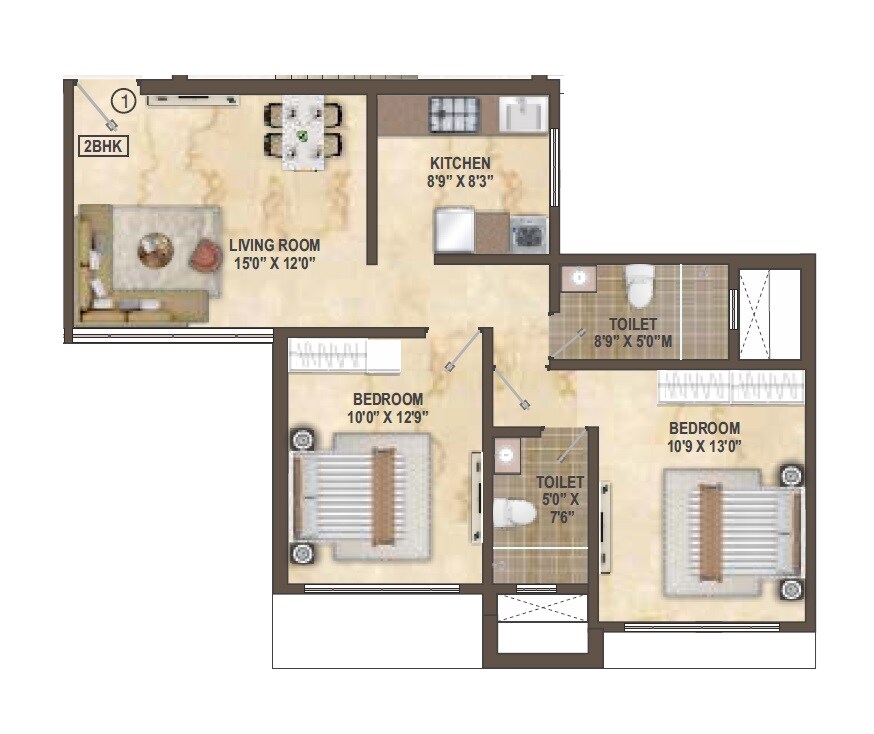 Floor plan of 2 BHK 687 Sq. Ft. Apartment in Builtron Ambaji Apartment, Mumbai