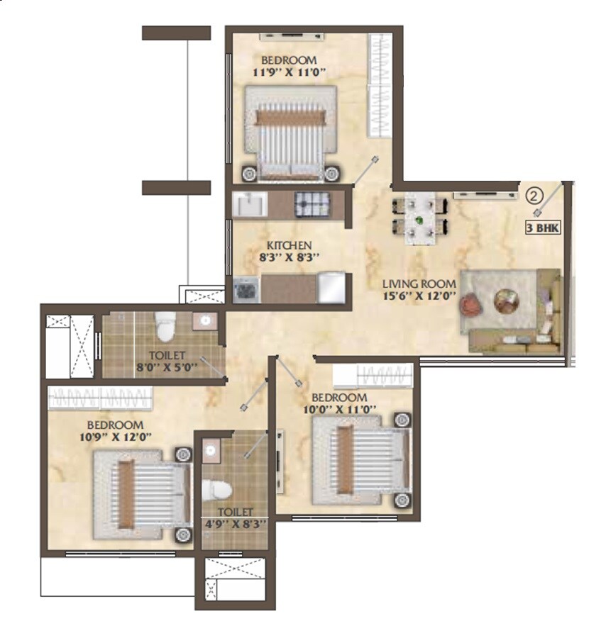 Floor plan of 3 BHK 796 Sq. Ft. Apartment in Builtron Ambaji Apartment, Mumbai