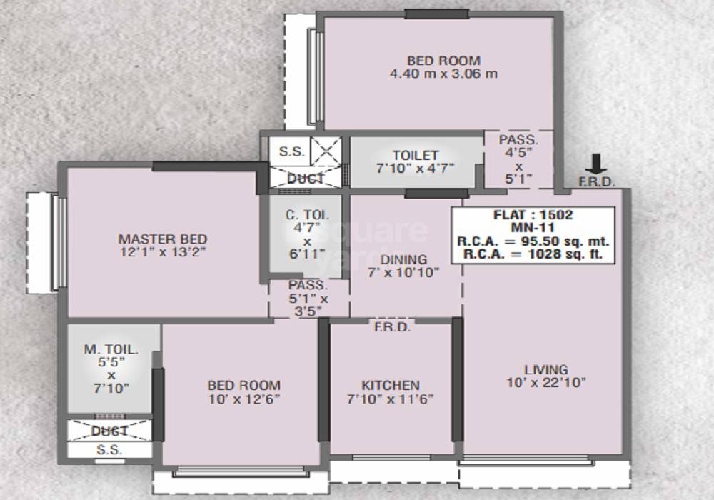 Floor plan of 3 BHK 1028 Sq. Ft. Apartment in Milan Milap CHS, Mumbai