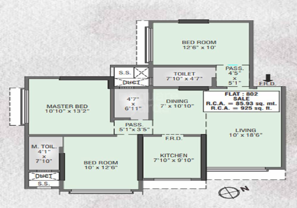 Floor plan of 3 BHK 925 Sq. Ft. Apartment in Milan Milap CHS, Mumbai