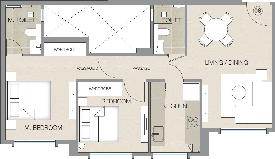 Floor plan of 2 BHK 629 Sq. Ft. Apartment in Castle Rock, Mumbai