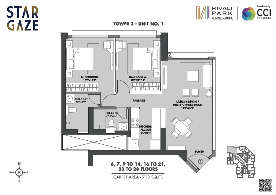 Floor plan of 2 BHK 713 Sq. Ft. Apartment in CCI Rivali Park Stargaze, Mumbai