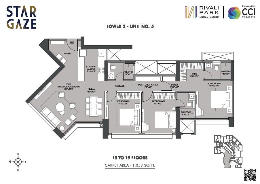 Floor plan of 3 BHK 1082 Sq. Ft. Apartment in CCI Rivali Park Stargaze, Mumbai