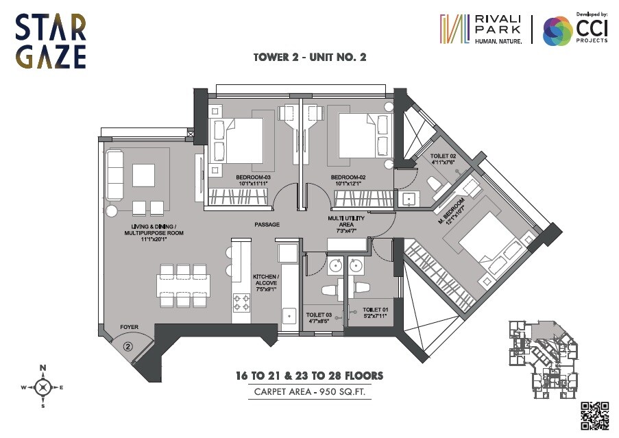 Floor plan of 3 BHK 950 Sq. Ft. Apartment in CCI Rivali Park Stargaze, Mumbai