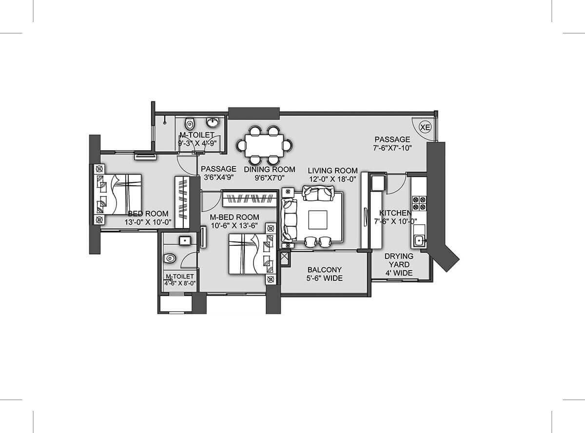 Floor plan of 2 BHK 758 Sq. Ft. Apartment in CCI Whitespring, Mumbai