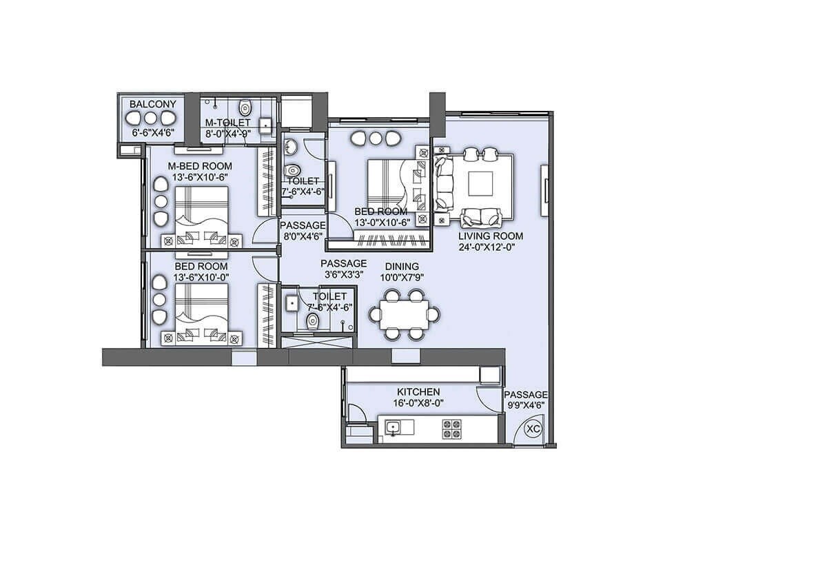 Floor plan of 3 BHK 1039 Sq. Ft. Apartment in CCI Whitespring, Mumbai