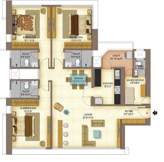 Floor plan of 3 BHK 1413 Sq. Ft. Apartment in Celestia Spaces, Mumbai
