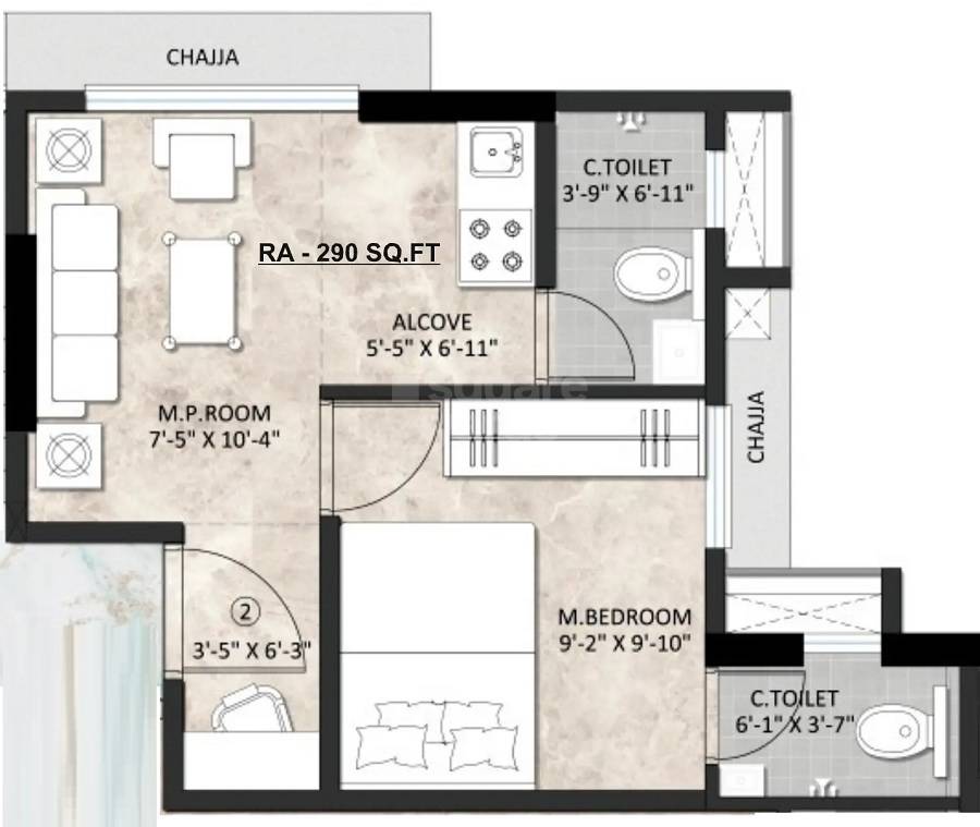 Floor plan of 1 BHK 290 Sq. Ft. Apartment in Cementers Tavisa, Mumbai