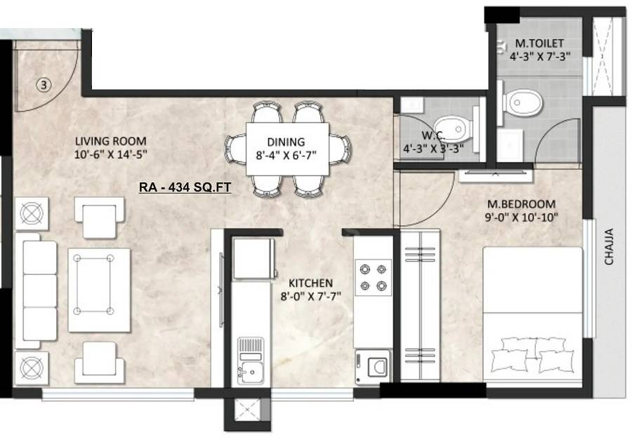 Floor plan of 1 BHK 434 Sq. Ft. Apartment in Cementers Tavisa, Mumbai
