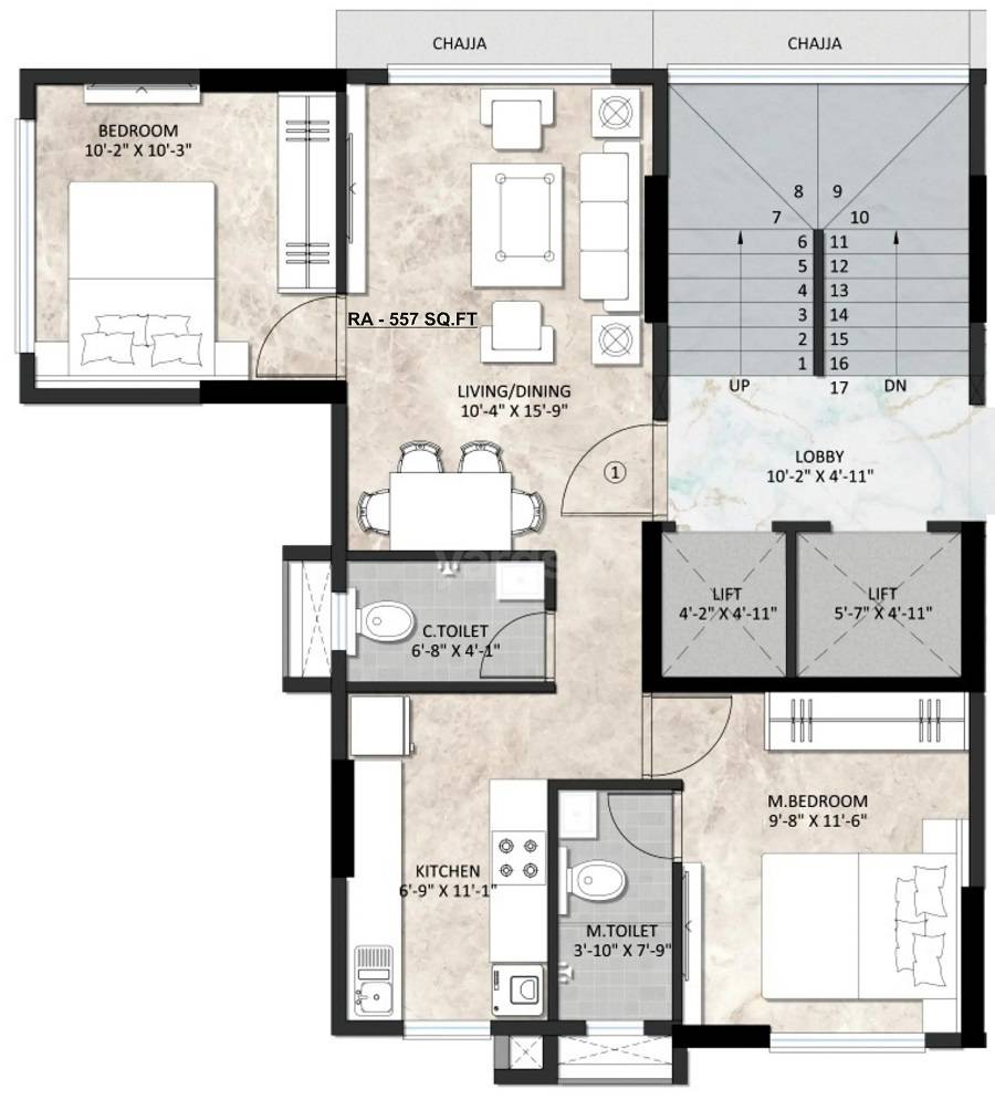 Floor plan of 2 BHK 557 Sq. Ft. Apartment in Cementers Tavisa, Mumbai