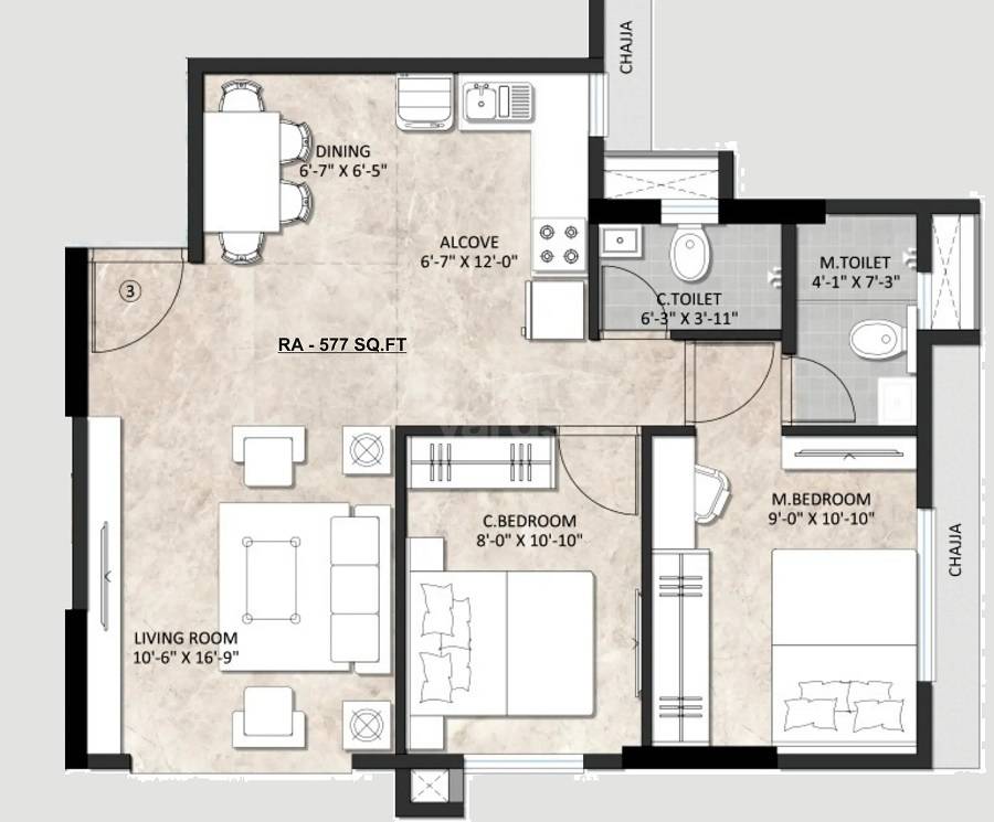 Floor plan of 2 BHK 577 Sq. Ft. Apartment in Cementers Tavisa, Mumbai