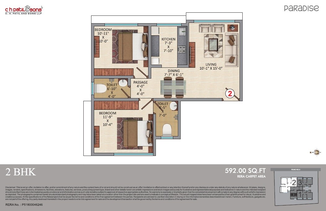 Floor plan of 2 BHK 592 Sq. Ft. Apartment in CH Khanolkar Bhavan CHS, Mumbai