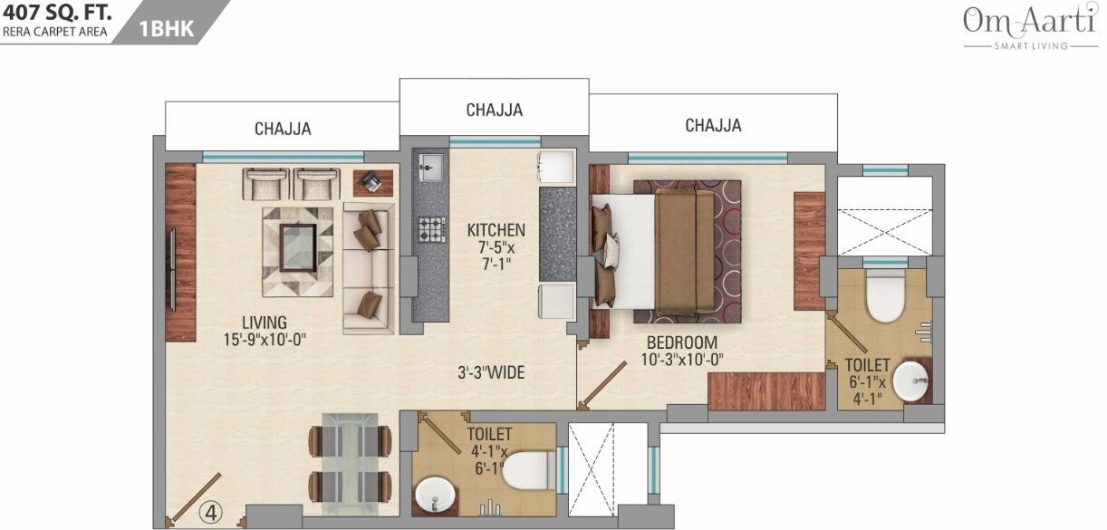 Floor plan of 1 BHK 407 Sq. Ft. Apartment in CH Om Aarti, Mumbai