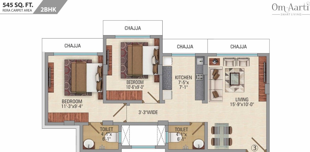 Floor plan of 2 BHK 545 Sq. Ft. Apartment in CH Om Aarti, Mumbai