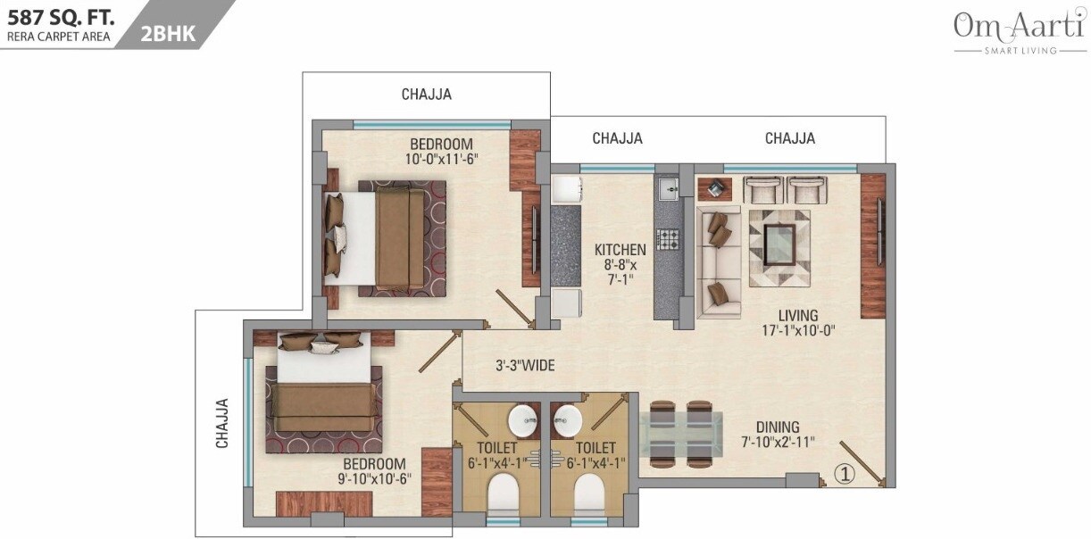 Floor plan of 2 BHK 587 Sq. Ft. Apartment in CH Om Aarti, Mumbai