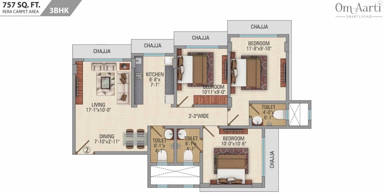 Floor plan of 3 BHK 757 Sq. Ft. Apartment in CH Om Aarti, Mumbai