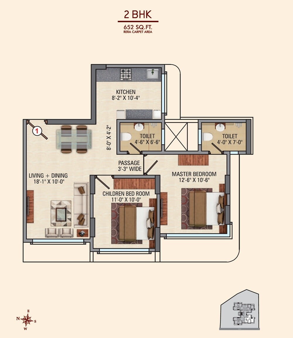 Floor plan of 2 BHK 652 Sq. Ft. Apartment in CH Sheetal, Mumbai