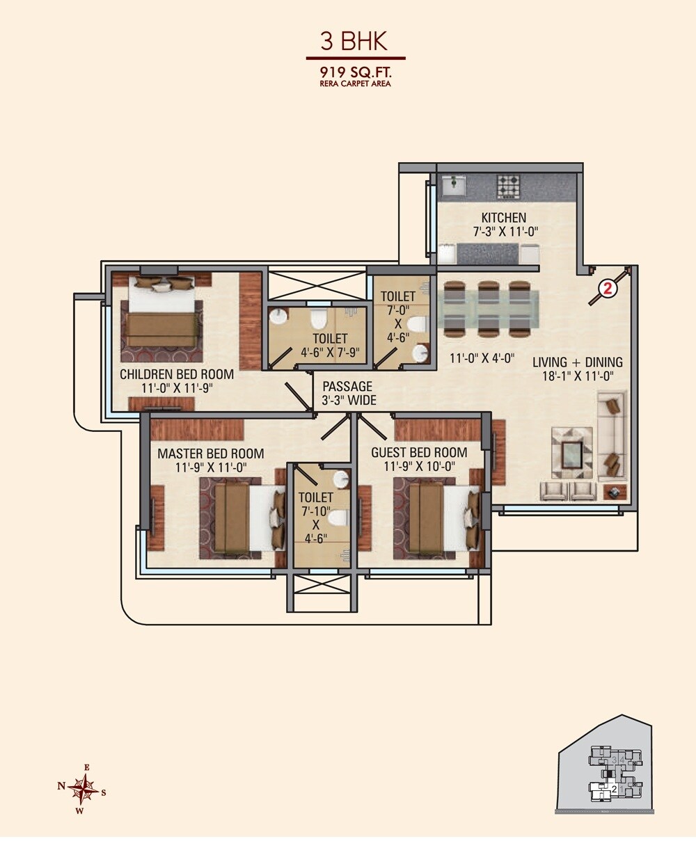 Floor plan of 3 BHK 919 Sq. Ft. Apartment in CH Sheetal, Mumbai