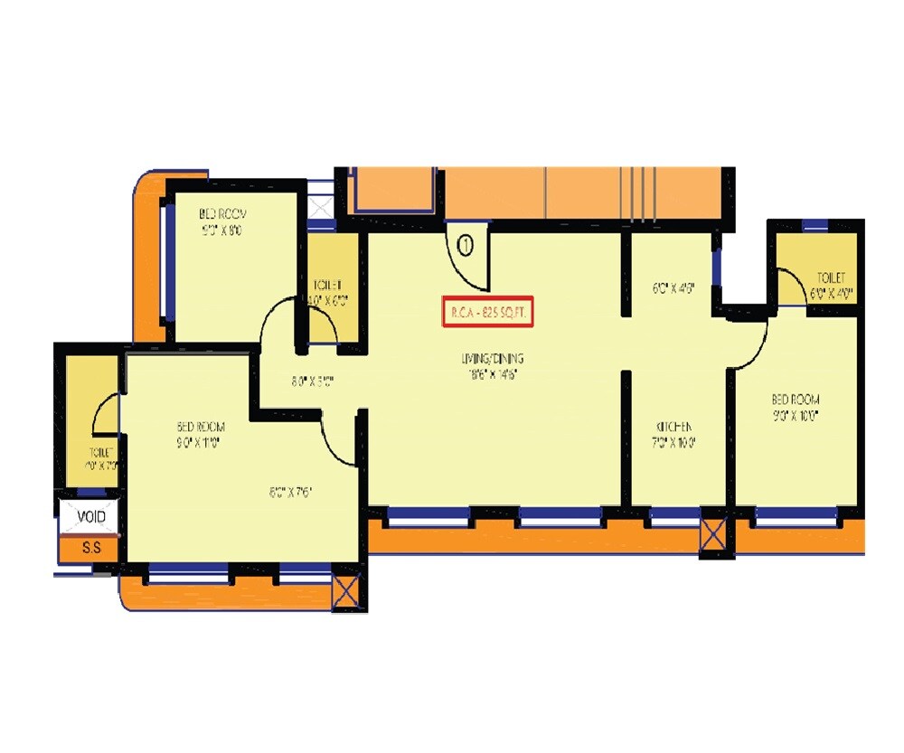 Floor plan of 3 BHK 825 Sq. Ft. Apartment in Chaitanya Anand Lunkhod CHSL, Mumbai