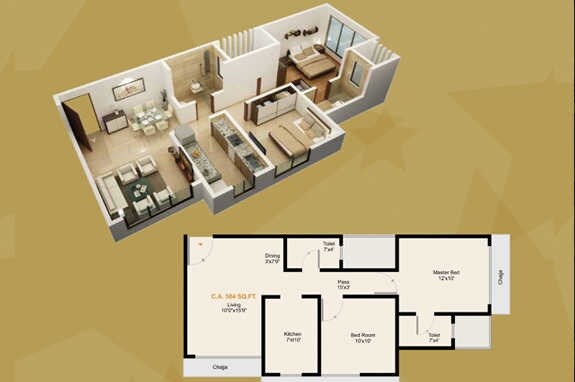Floor plan of 2 BHK 584 Sq. Ft. Apartment in Chaitanya Ashwini, Mumbai