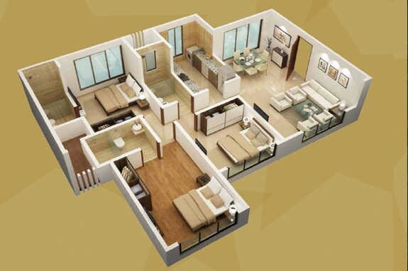 Floor plan of 3 BHK 977 Sq. Ft. Apartment in Chaitanya Ashwini, Mumbai
