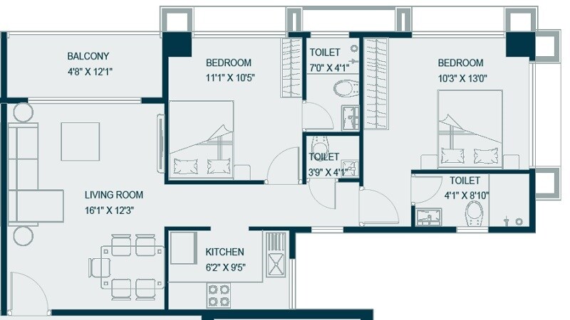 Floor plan of 2 BHK 740 Sq. Ft. Apartment in Chaitanya Ganapati Baug CHS, Mumbai