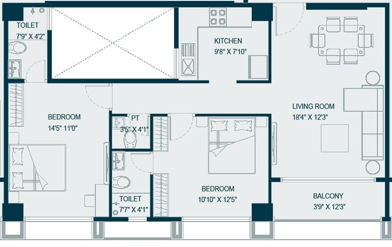 Floor plan of 2 BHK 805 Sq. Ft. Apartment in Chaitanya Ganapati Baug CHS, Mumbai