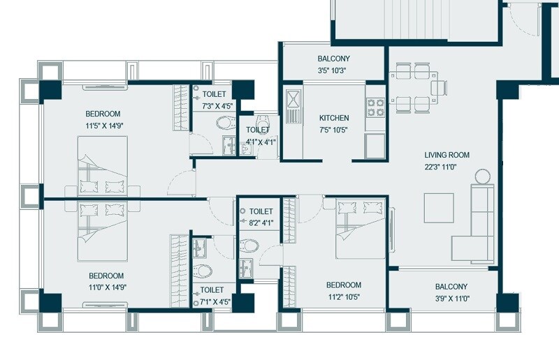 Floor plan of 3 BHK 1128 Sq. Ft. Apartment in Chaitanya Ganapati Baug CHS, Mumbai