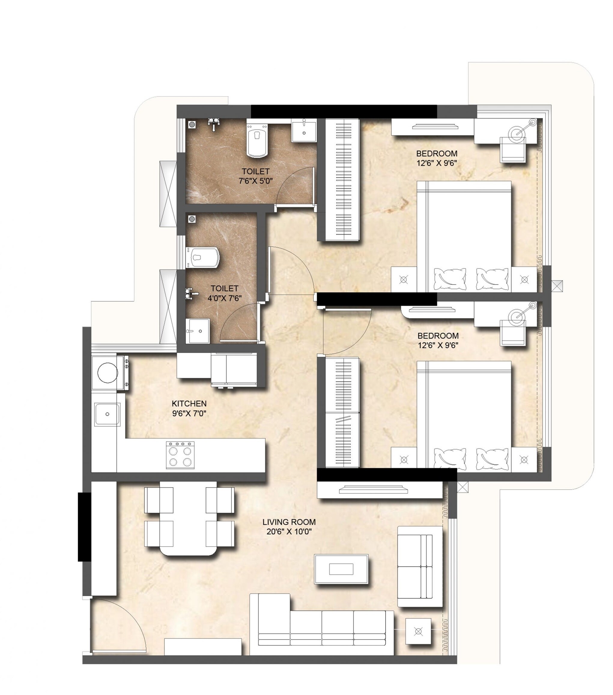 Floor plan of 2 BHK 670 Sq. Ft. Apartment in Chaitanya Nirmaan Heights, Mumbai