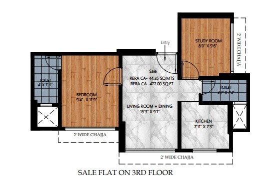 Floor plan of 1 BHK 477 Sq. Ft. Apartment in Chaitanya Nishigandh, Mumbai