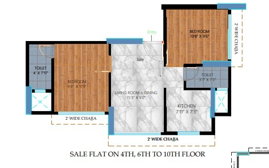 Floor plan of 2 BHK 732 Sq. Ft. Apartment in Chaitanya Nishigandh, Mumbai
