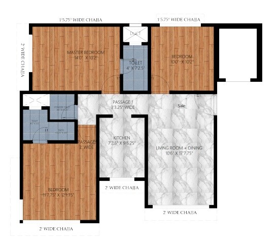 Floor plan of 3 BHK 1063 Sq. Ft. Apartment in Chaitanya Nishigandh, Mumbai