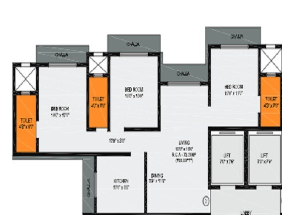Floor plan of 3 BHK Apartment - 687 sq. ft. in Chaitanya Om Shivam, Mumbai