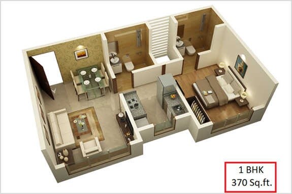 Floor plan of 1 BHK 370 Sq. Ft. Apartment in Chaitanya Raj Bhavan, Mumbai