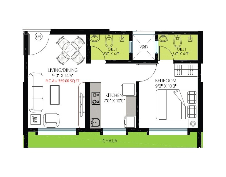 Floor plan of 1 BHK 357 Sq. Ft. Apartment in Chaitanya The Greens Radhakunj, Mumbai