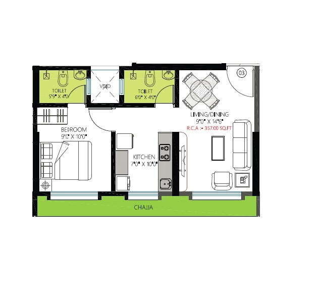 Floor plan of 1 BHK 359 Sq. Ft. Apartment in Chaitanya The Greens Radhakunj, Mumbai
