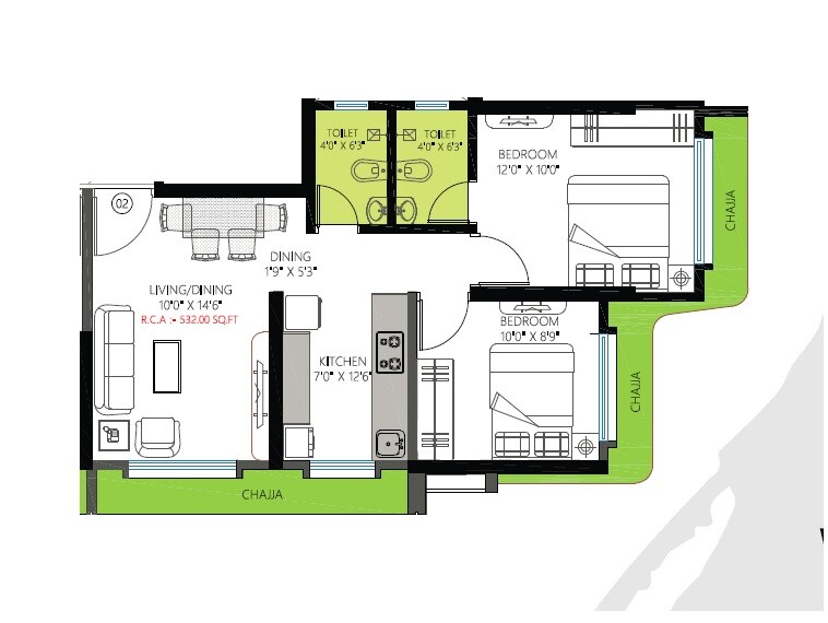 Floor plan of 2 BHK 573 Sq. Ft. Apartment in Chaitanya The Greens Radhakunj, Mumbai