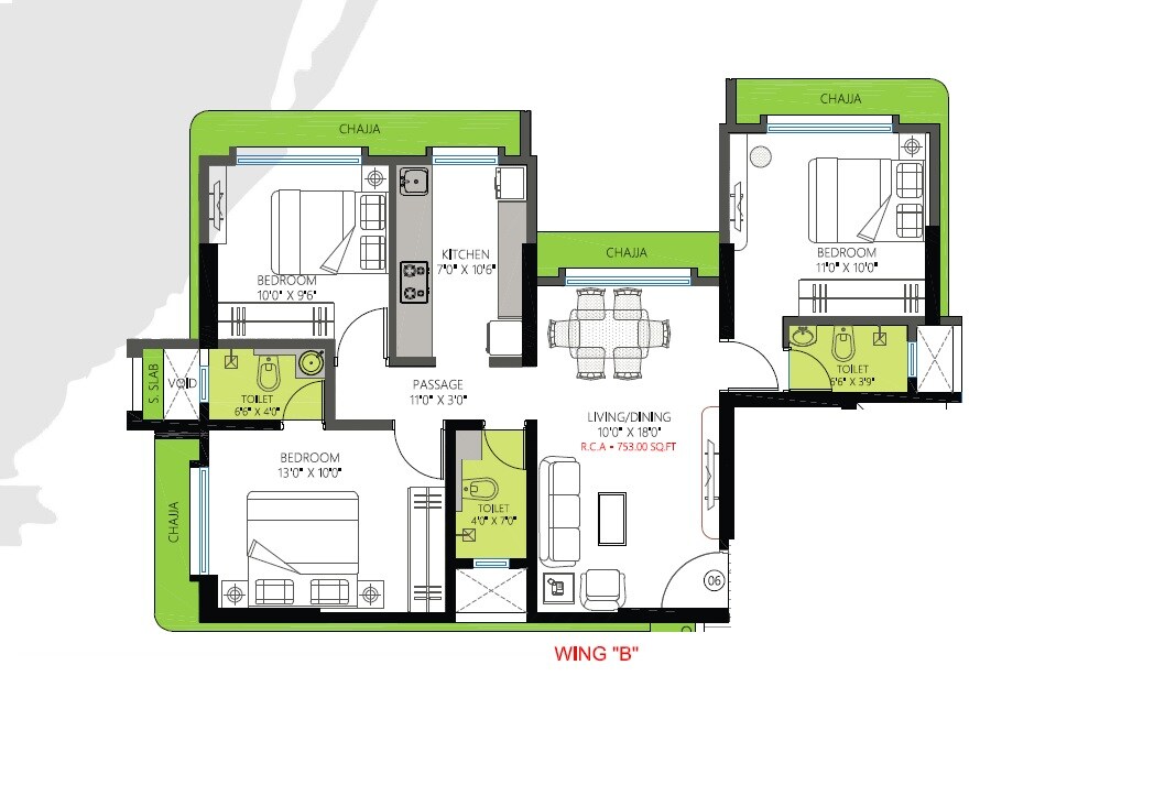 Floor plan of 3 BHK 753 Sq. Ft. Apartment in Chaitanya The Greens Radhakunj, Mumbai