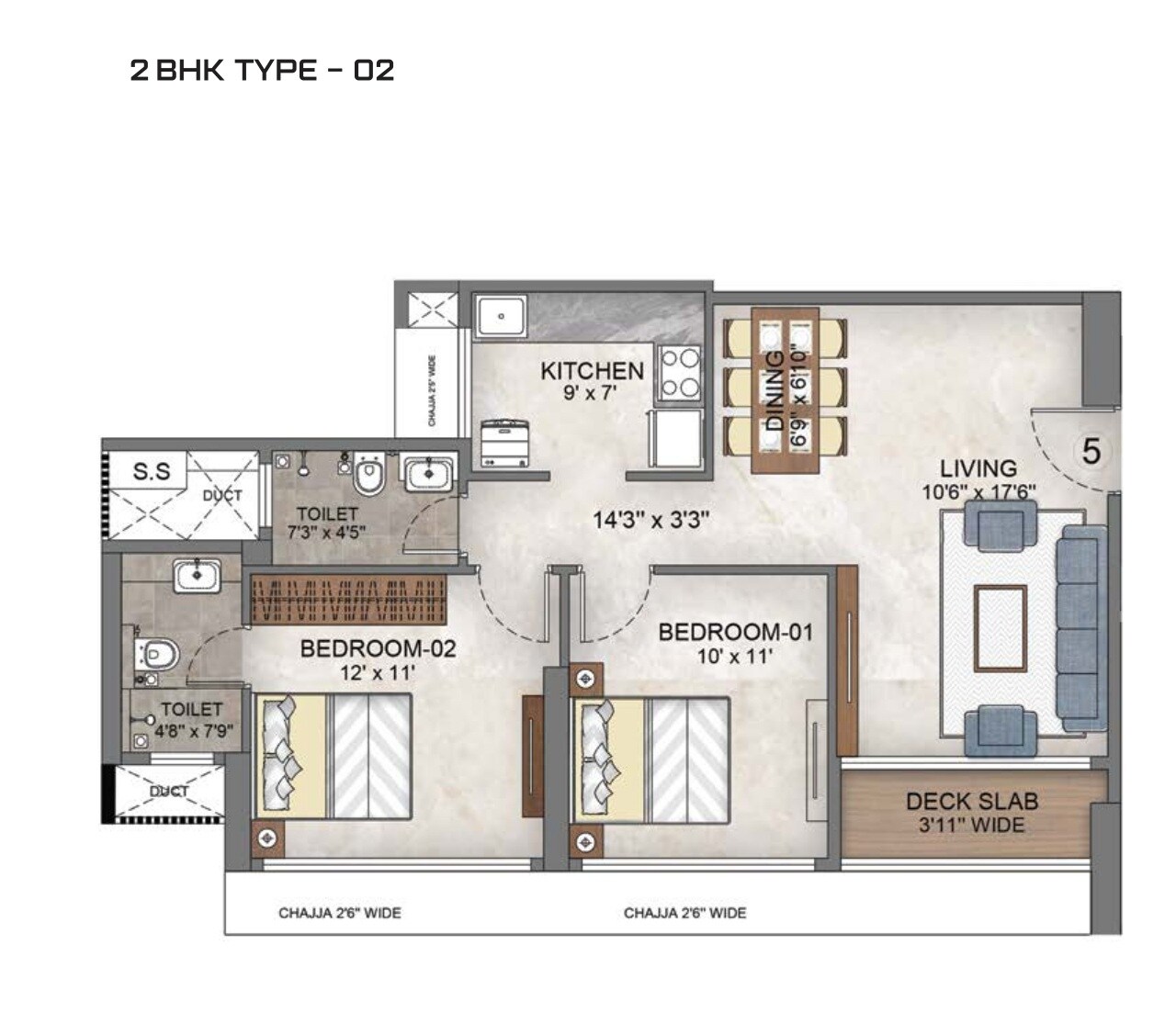 2 BHK 697 Sq. Ft. Apartment