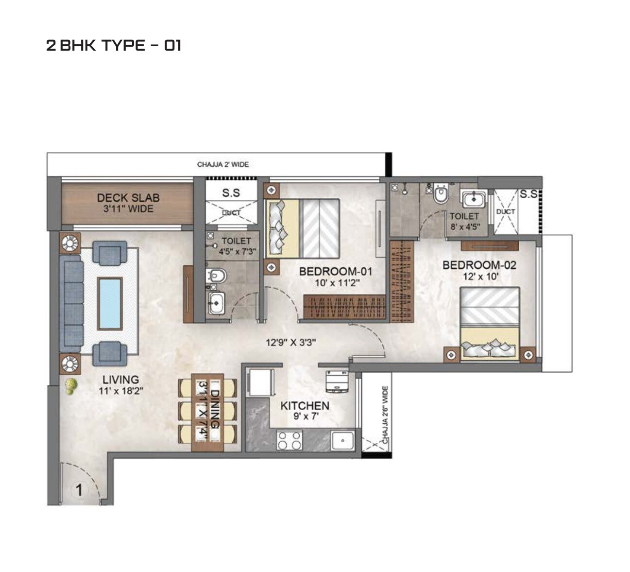 Floor plan of 2 BHK 753 Sq. Ft. Apartment in Chamunda Aqua Bay, Mumbai