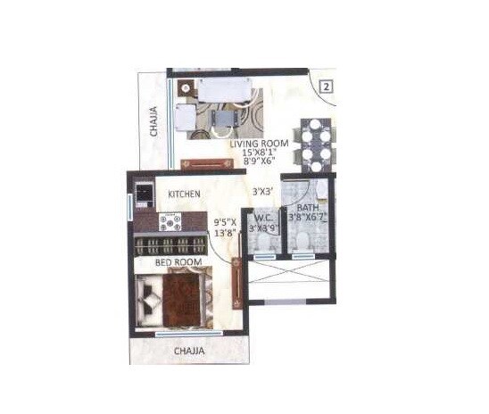 Floor plan of 1 BHK 397 Sq. Ft. Apartment in Chamunda Sudha Avenue, Mumbai