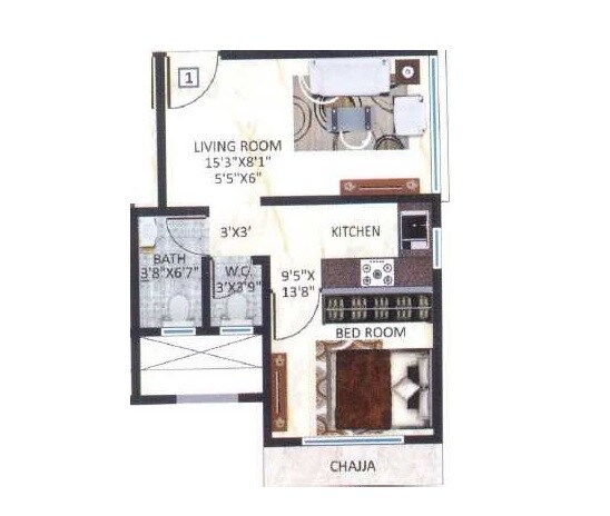 Floor plan of 1 BHK 539 Sq. Ft. Apartment in Chamunda Sudha Avenue, Mumbai
