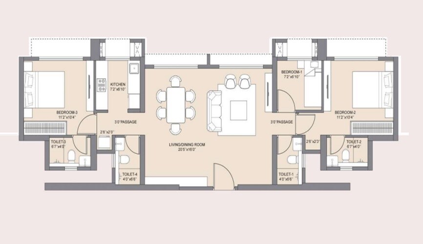3 BHK 890 Sq. Ft. Apartment